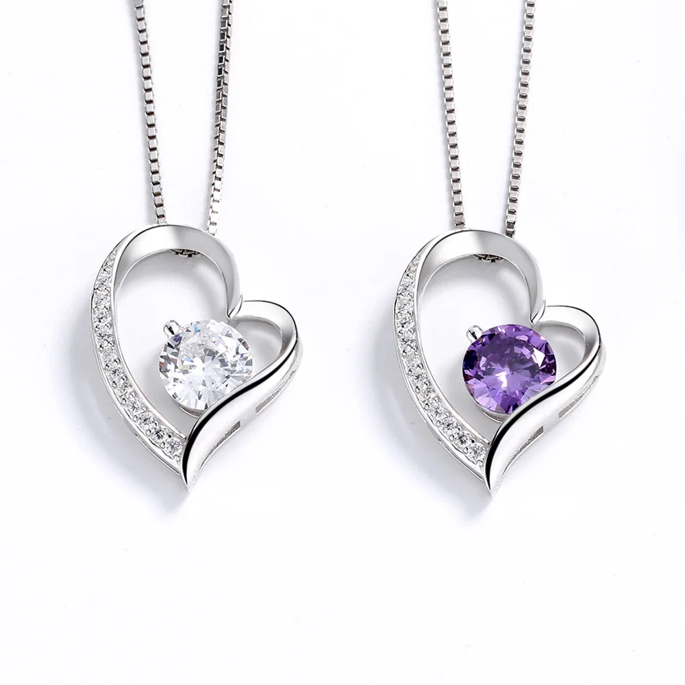 

Кулон в виде сердца из серебра 925 пробы, простое ювелирное изделие, женское ожерелье, кулон с фиолетовым кристаллом на ключицу