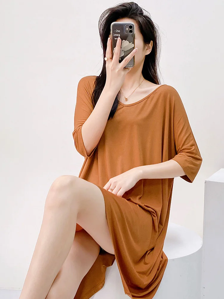 

Summer Thin Simple Sexy Pajama Woman Modal Short Sleeve Nightdress V-Neck Loose Large Size T-Shirt Dress Can Be Worn Outside