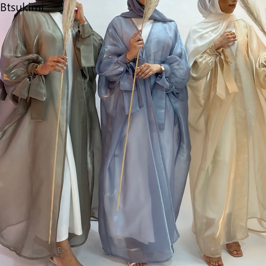 Ramadan Open Abaya Silky Satin Kimono Shining Puff Sleeve Muslim Long Hijab Dress Turkey Abayas for Women Dubai Islamic Kaftan