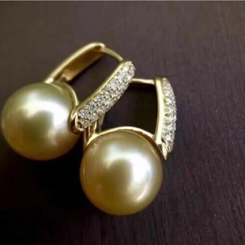 

Gorgeous AAAA 10-11mm South China Sea Round Gold Pearl Pendant Earrings 925s