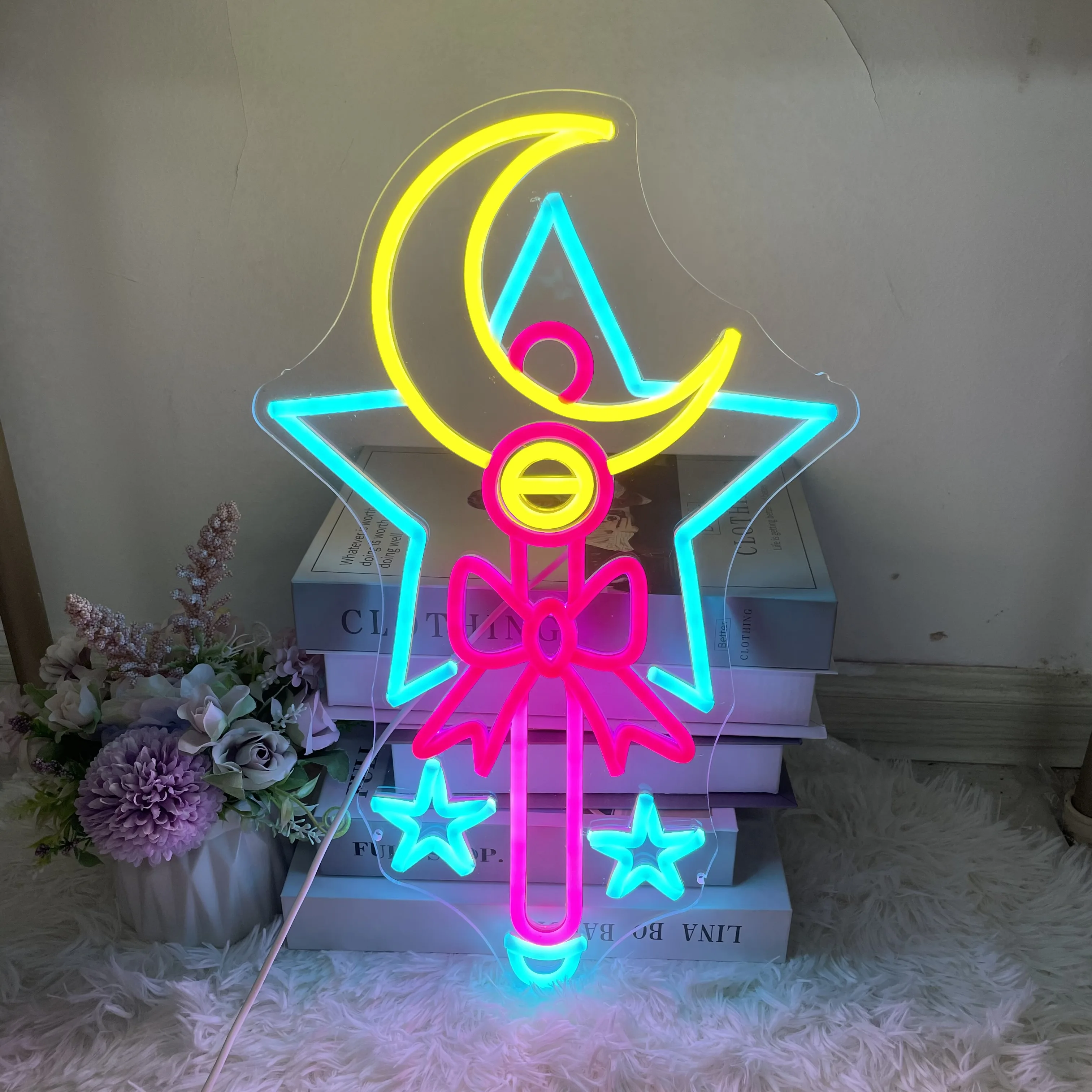 

Неоновая волшебная палочка на заказ, аниме неоновая вывеска в виде Луны, красивая девушка, украшение для спальни, для подростков, неоновая вывеска, декор для игровой комнаты