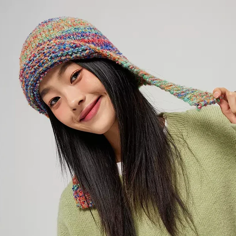 

Korean Designer Color Gradual Change Beanies for Women Winter Ear Protection Knitted Wool Hat Fashion Warm Flying Bomber Hat