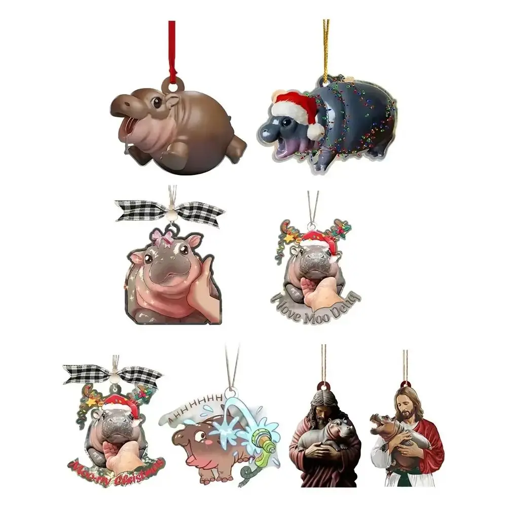 3D плоский орнамент Moo Deng подвесной кулон мини-бегемот мультяшный рождественский