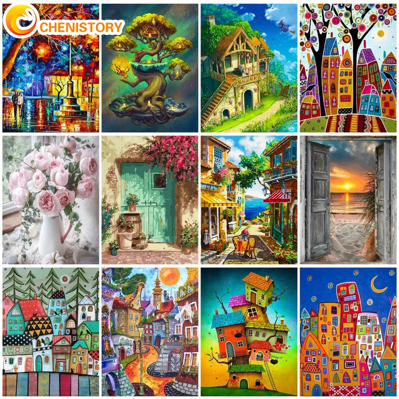 

CHENISTORY 60×75cm Frame DIY Painting By Numbers House Canvas Drawing Handpainted Kits Acrylic Paints Unique Gift HomeWall Decor