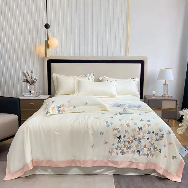 

Summer Blanket Quilt Twin Queen Size Butterfly Embroidery Cool Feeling Silky Single And Double Bedding Set Thin Duvet Pillowcase