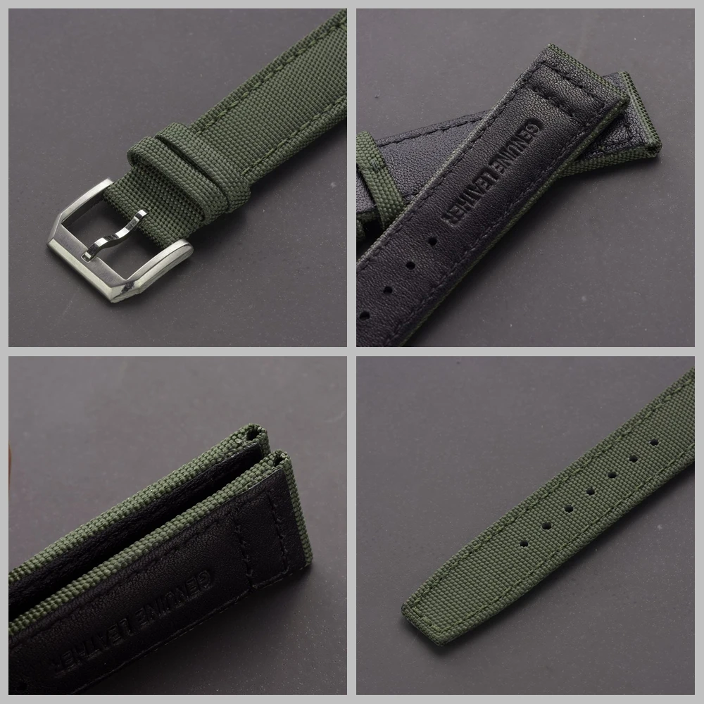 EACHE Popular Leather Sailcloth Watch Strap For Men 20mm 21mm 22mm Army Green Black Cordura Watchband Silver Color Pin Buckle