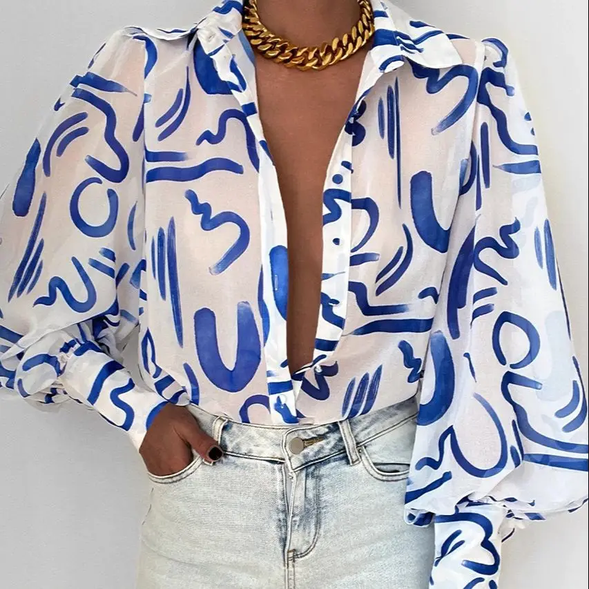 

2023 Spring Sexy Print Women's Shirts Single Breasted Lantern Long Sleeve Vintage Blouses Female Fashion Casual Loose Ladies Top
