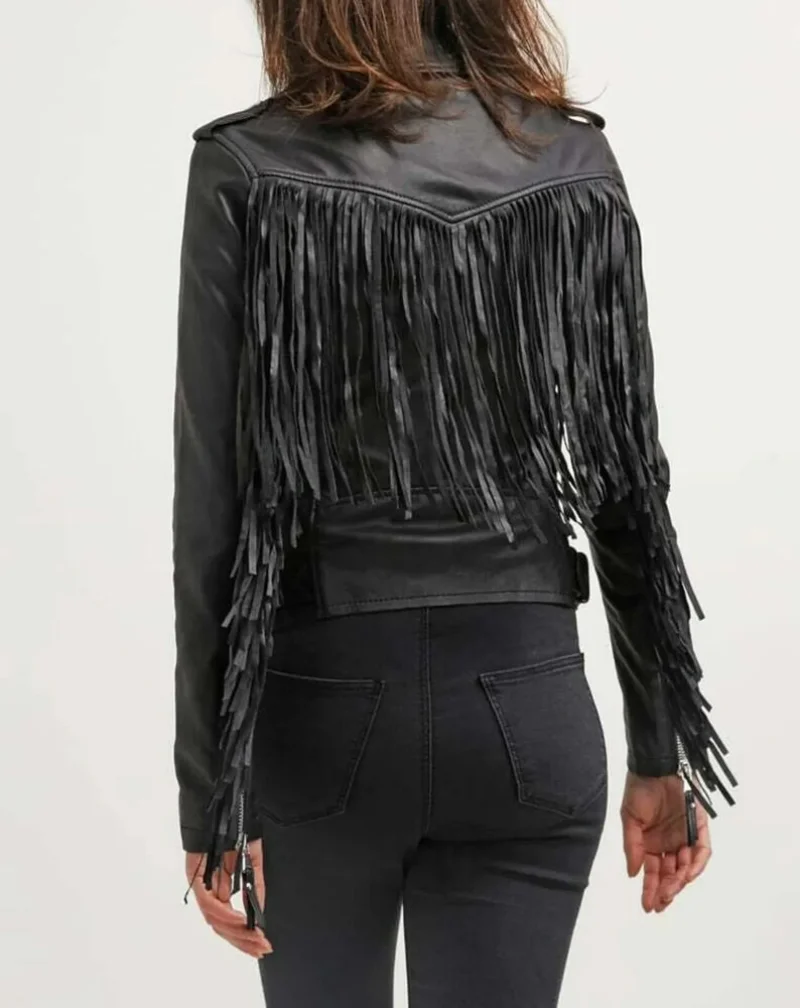 Women Black Leather Fringed Jacket Black Leather Tassel Coat Motorcycle Leather Outwear