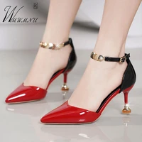 red sexy spike heels office lady buckle strap women high heels pointed toe shallow sandals designer non slip wedding shoes