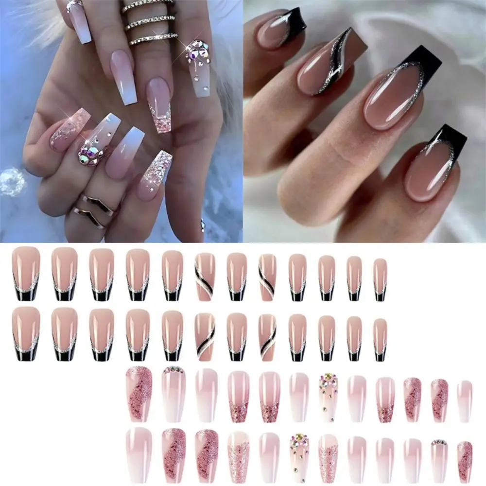 

Wearable Manicure French Fake Nails Long Length Full Cover Long T-shape Nail Tips Round Head Ballerina False Nail Women