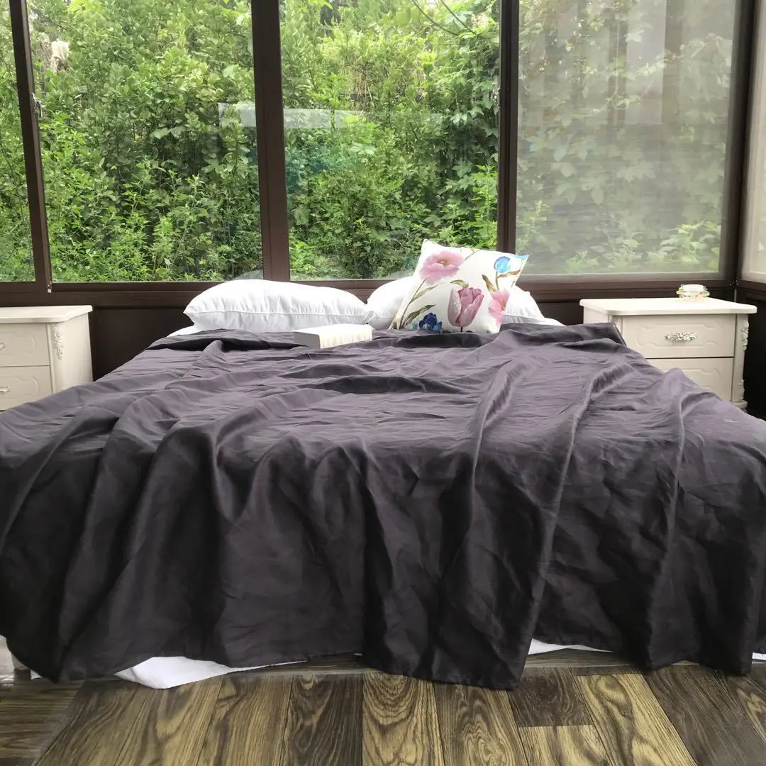 

4PCS 100% Linen Bed Sheet Set Queen Size Gray Juego De Cama Queen King Bed Sheets And Pillowcases Double Sabana Bedding Sets