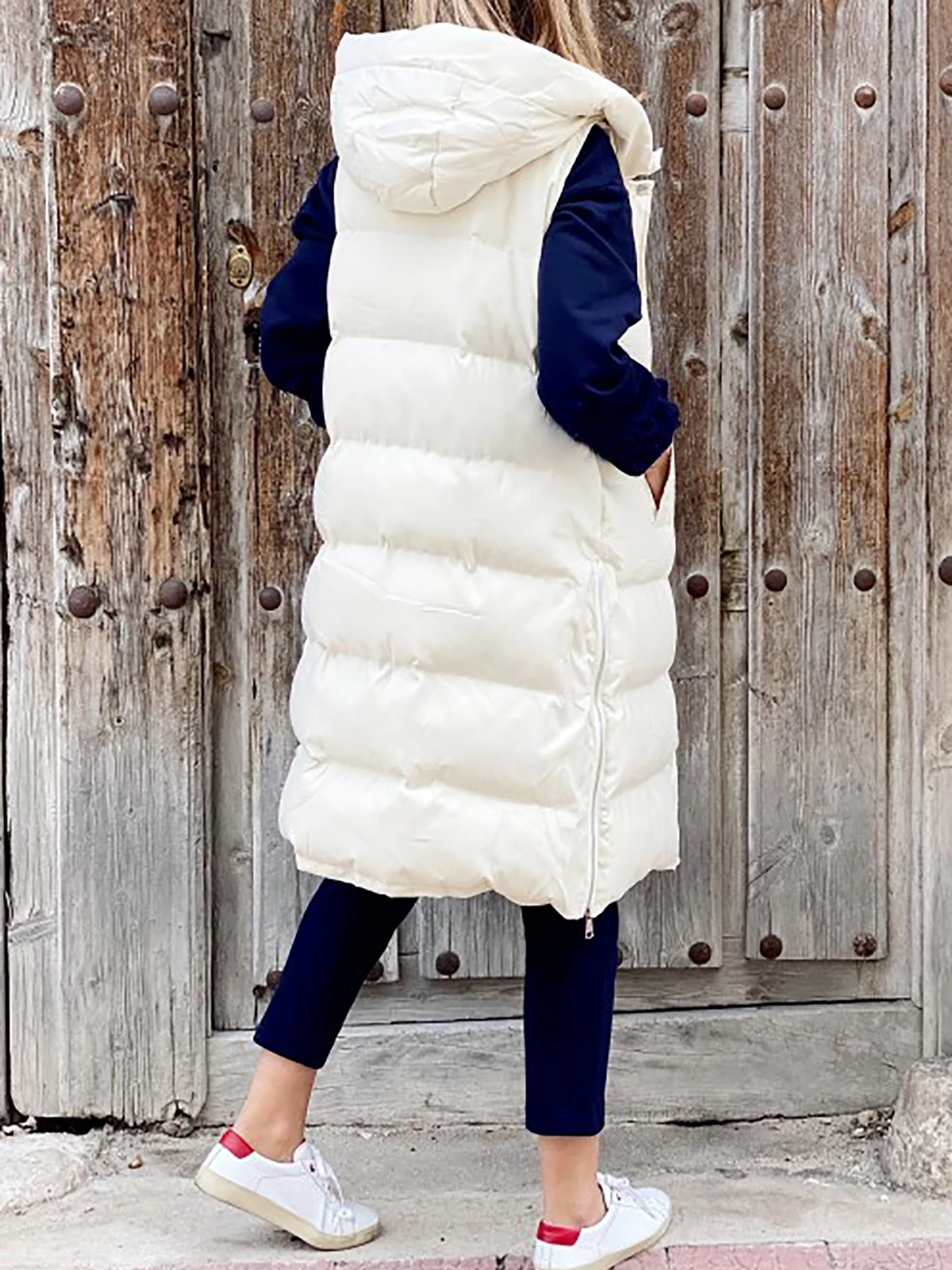 Puffer Jacket Women Sleeveless Vest Long Coat Female Outerwear Autumn Zip Up Cotton Padded Parka Quilted Waistcoat Hooded Coat