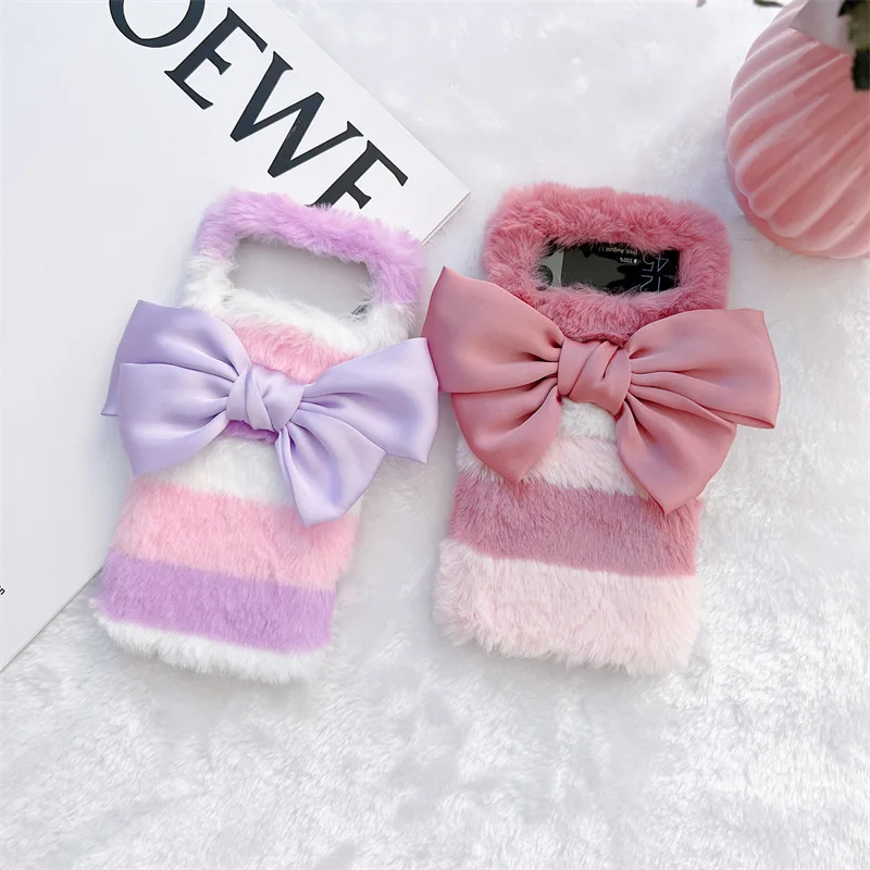 

Creative Plush Color Block Simple Bow Phone Case for Samsung Galaxy Z Flip 3 Hard PC Back Cover for ZFlip3 Case Protective Shell