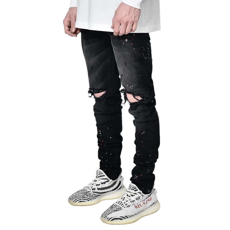 2022 New Men's Slim Jeans Hipster Knee Hole Paint Pencil Pants Autumn Ripped Jeans Full Length Streetwear Men Denim Pants