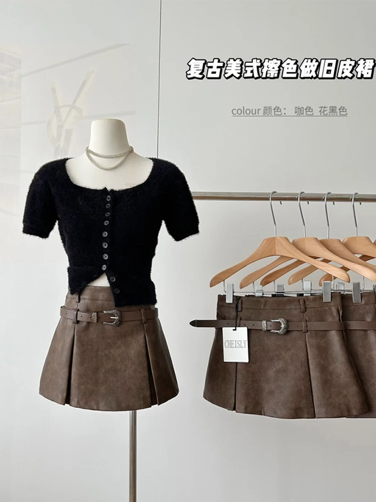 

Women Solid Color Leather Skirt New Office Lady Mini A-line All-match With Belt Fashion Wrap Hip High Waist Slim PU Short Skirts