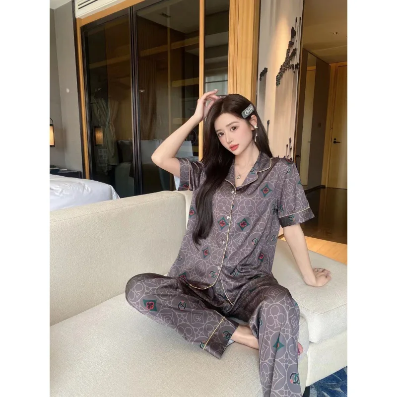 2023 Summer New Ice Silk Pajamas Women's Fashion Printed Homewear Short-Sleeved Trousers Trendy Suit