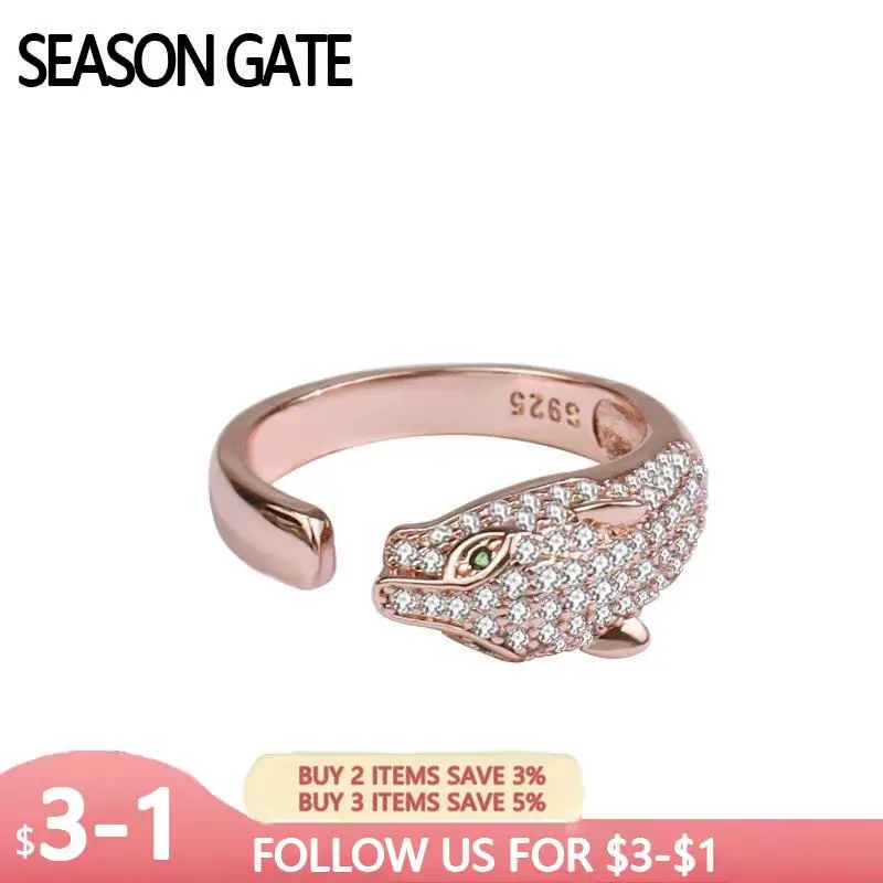 

Fine Silver Color Leopard Head Rose Gold Platinum Zircon Fashion Adjustable Open Rings For Men and Woman Couples SR492