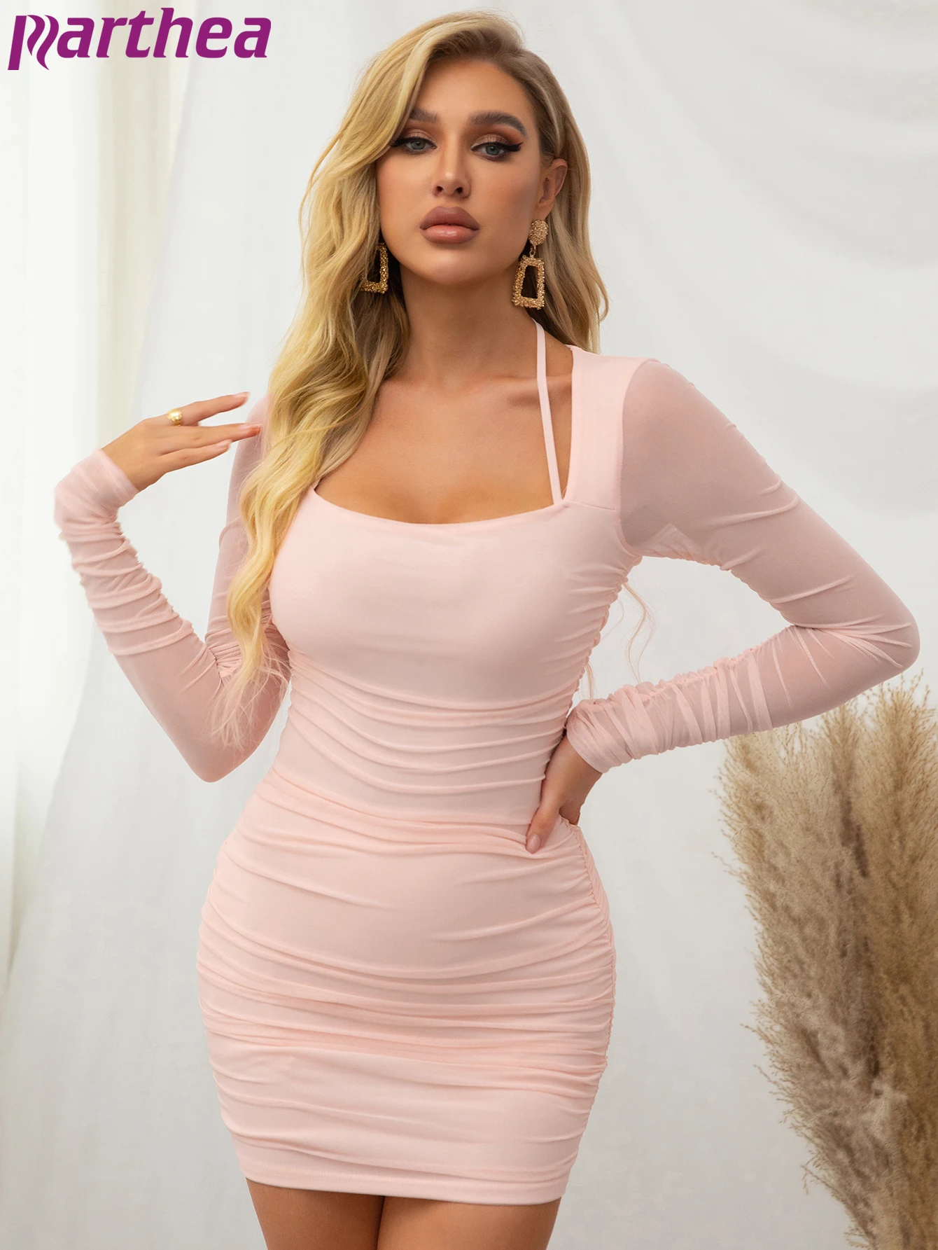 

Parthea Mesh Long Sleeve Dress Ruched Square Neck Adjusted Strap Double Layers Elastic Halter Mini Dress Party Bodycon Vestidos