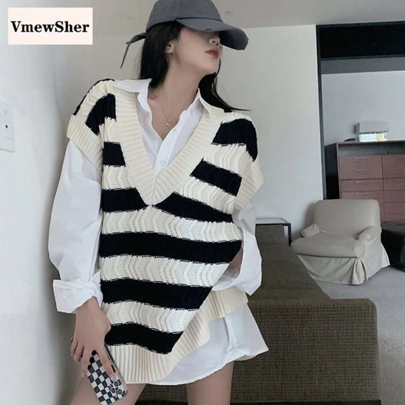 

VmewSher New Women Sweater Vest Striped Loose V Neck Knitted Spring Autumn Fashion Sleeveless Pullover Preppy Style Jumper Tops