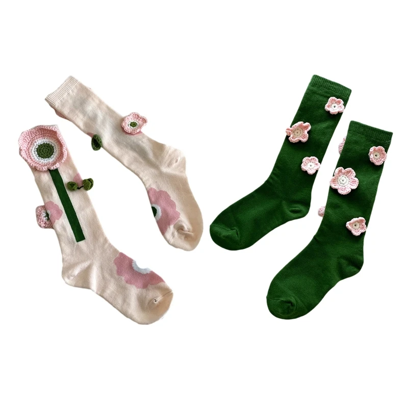 

Japanese Lolita Women Mid Calf Length Socks Harajuku Cute 3D Crochet Faux Wool Flower Girls Student Socks