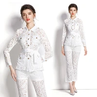 womens new summer high end temperament lapel long sleeve hollow lace work shirt horn cropped pants fashion two piece set