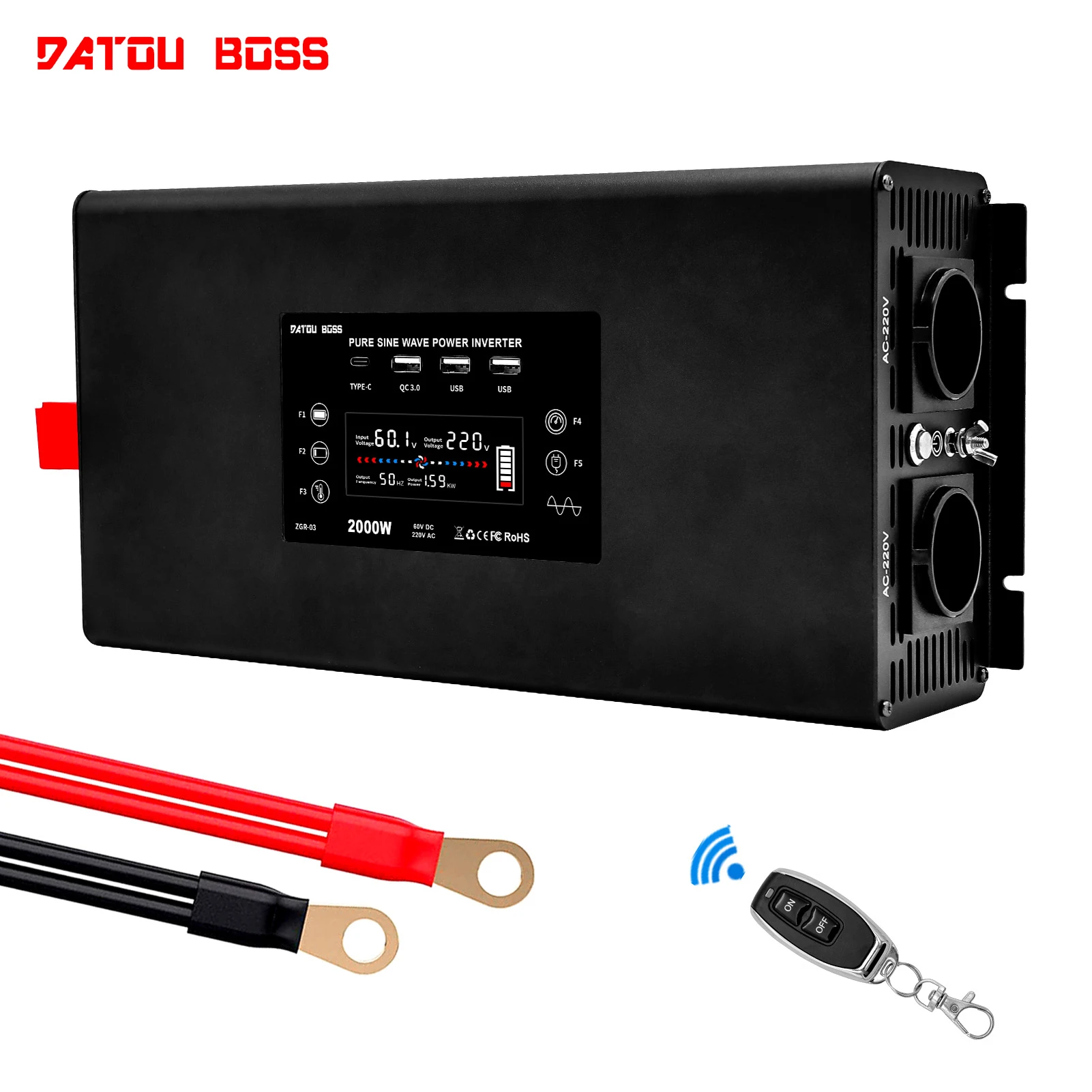 

DATOUBOSS Inverter Pure Sine Wave Inverter 12V 24V 36V 48V 60V to 220V 230V Power Converter Inverter Continuous Power 2000W