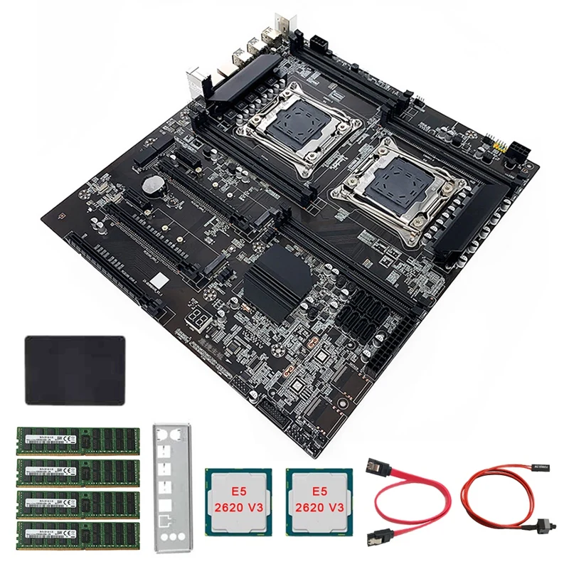

X99 Dual-Socket Motherboard+E5-2620 V3 CPU+4G DDR4 ECC RAM+120G SSD+Switch Line+SATA Cable+Bezel LGA2011-3 Dual CPU Slot