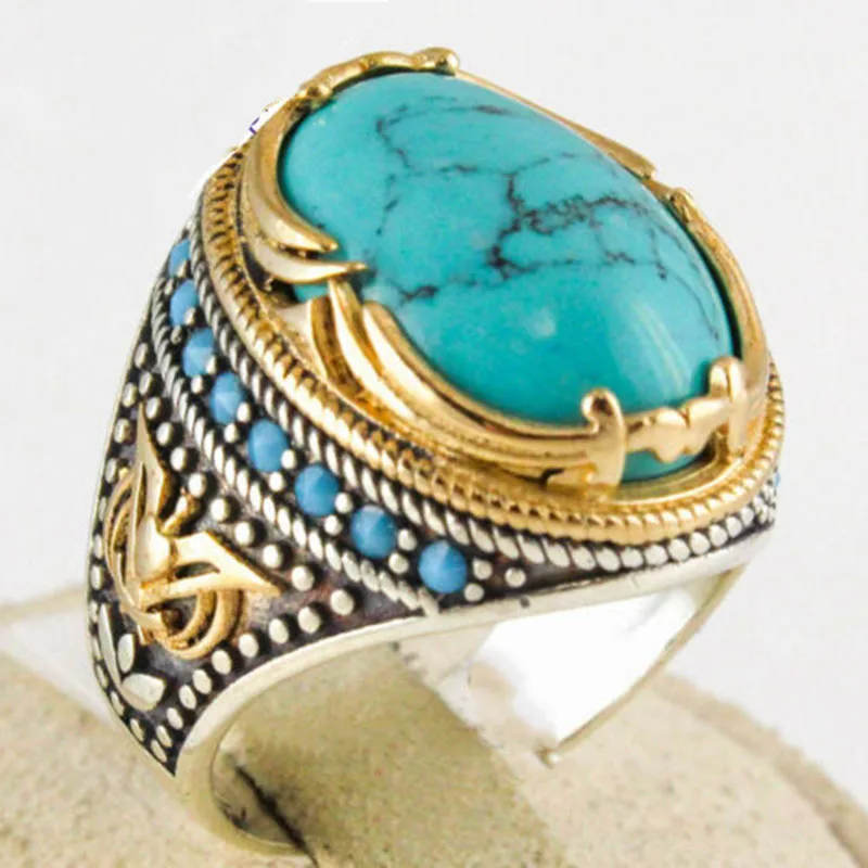 

Bohemian Large Oval Stone Rings for Women Men Vintage Dual Color Blue Beads Green Stone Finger Rings Party Jewelry