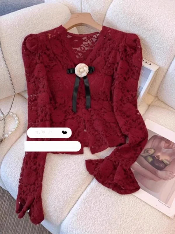 Изящная красная кружевная рубашка с v-образным вырезом для женщин осень и зима