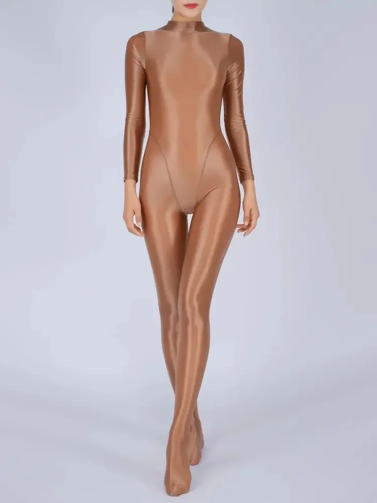 Блестящий воротник-стойка на молнии сзади комбинезон боди с высоким вырезом
