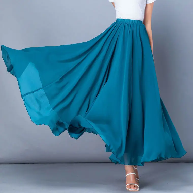2023 Spring Skirt 3 Layer Chiffon Long Skirts For Women Elegant Casual High Waist Boho Beach Maxi Skirts Saias Femme 80/90/100cm
