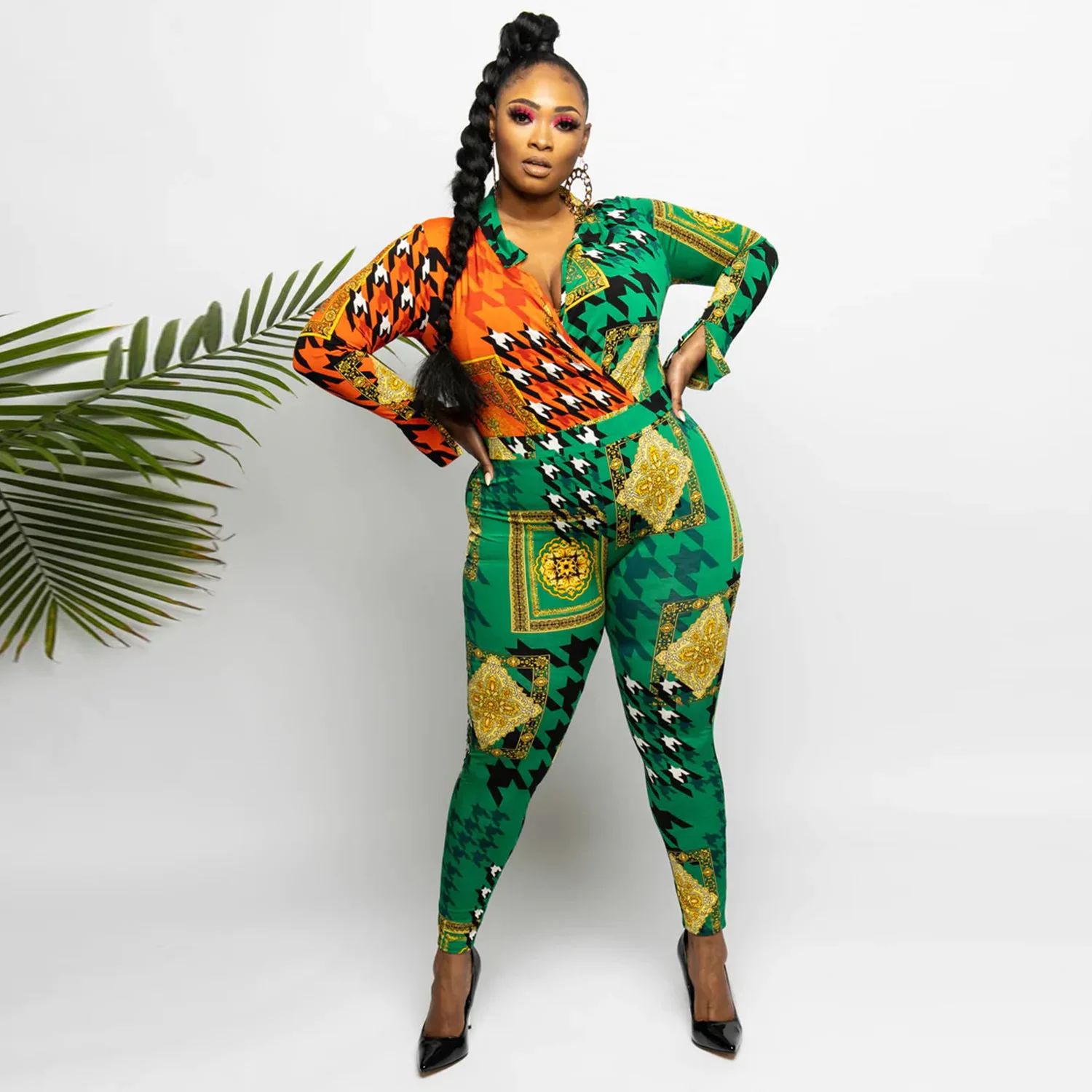 

Женский Облегающий комбинезон, Модный комбинезон контрастных цветов с V-образным вырезом и принтом, осень 2022