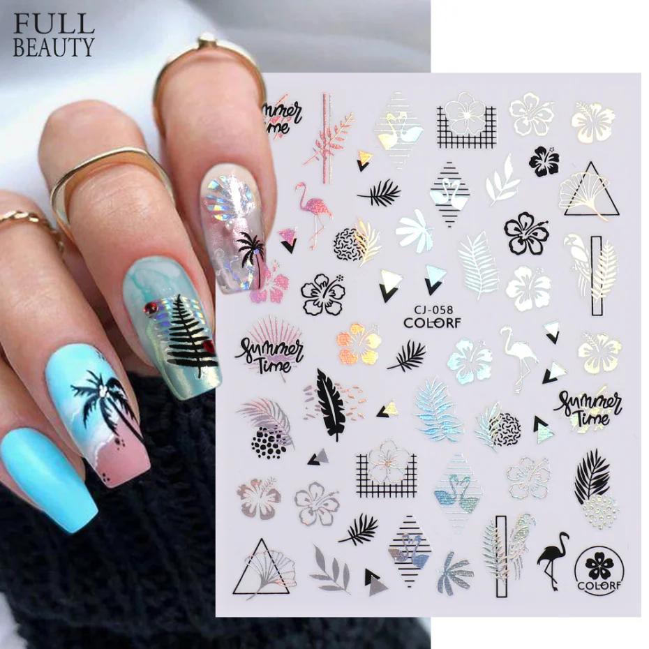 Summer Tropical Plants 3D Nail Stickers Laser Coconut Tree Adhesive Sliders Mermaid Beach Decals For Manicuring Art CHCJ055-063