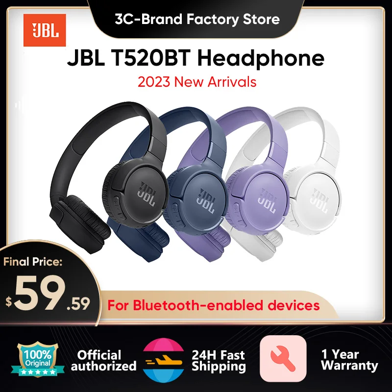 

Original JBL TUNE 520BT Wireless Bluetooth 5.3 Headphones Pure Deep Bass Music Sports Headset Boys and Girls JBL T510BT