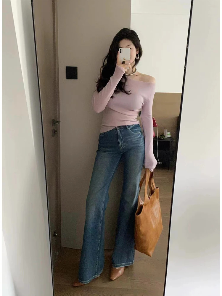Plus Size Elegant Gentle Sle Sloping Shoulder Long sleeve Knit Women Autumn Casual Fashion Simple Chic Slim fit Slimming Vers...
