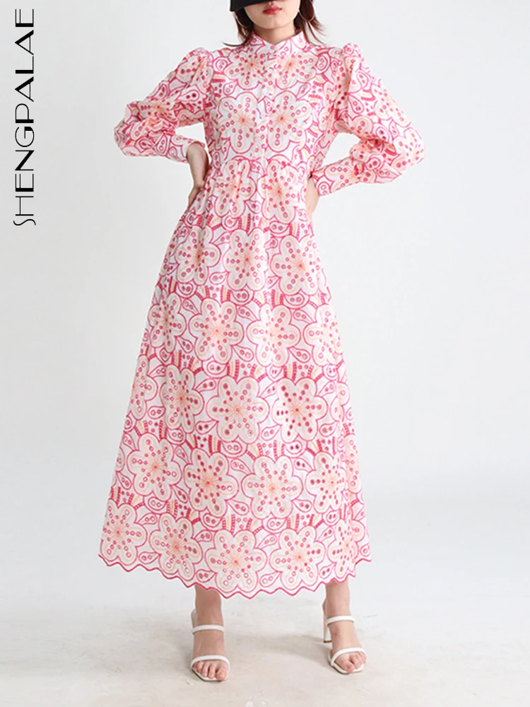 

SHENGPALAE Bohemian Style Dress Standing Neck Long Lantern Sleeve Embroidery Print Design Long Robe Women 2023 Summer New R2540