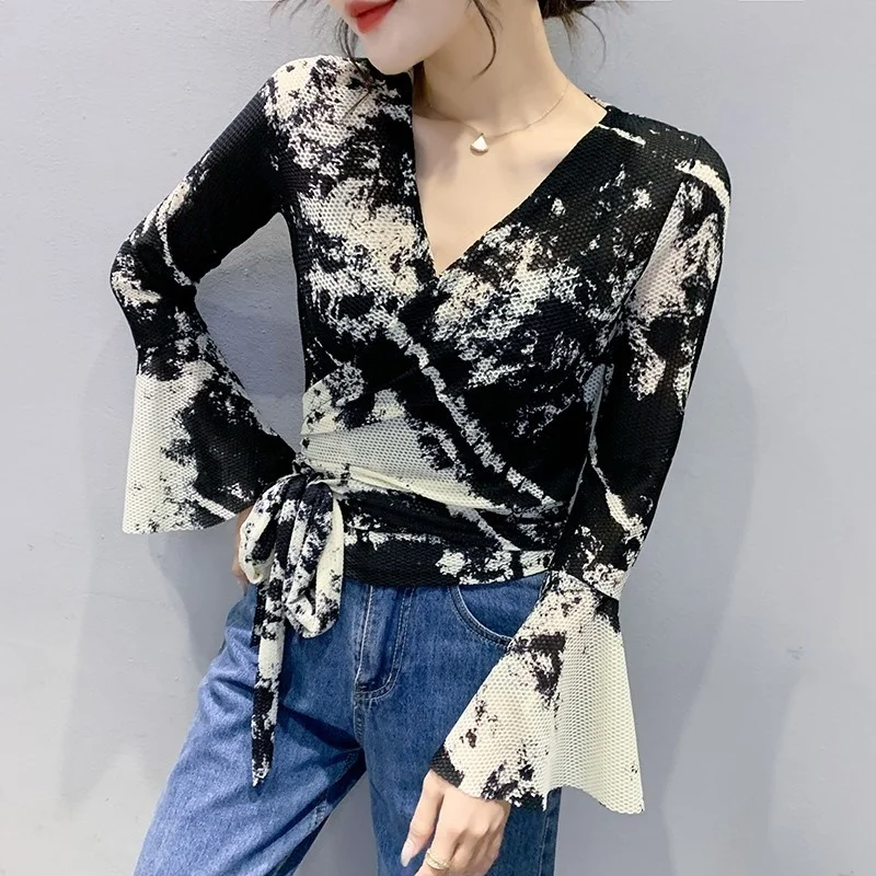 

#5855 Spring Tie Dye Printed Mesh Wrap T Shirt Women Sexy Short T Shirt Female V-neck Skinny Casual Women T-shirt Flare Sleeved