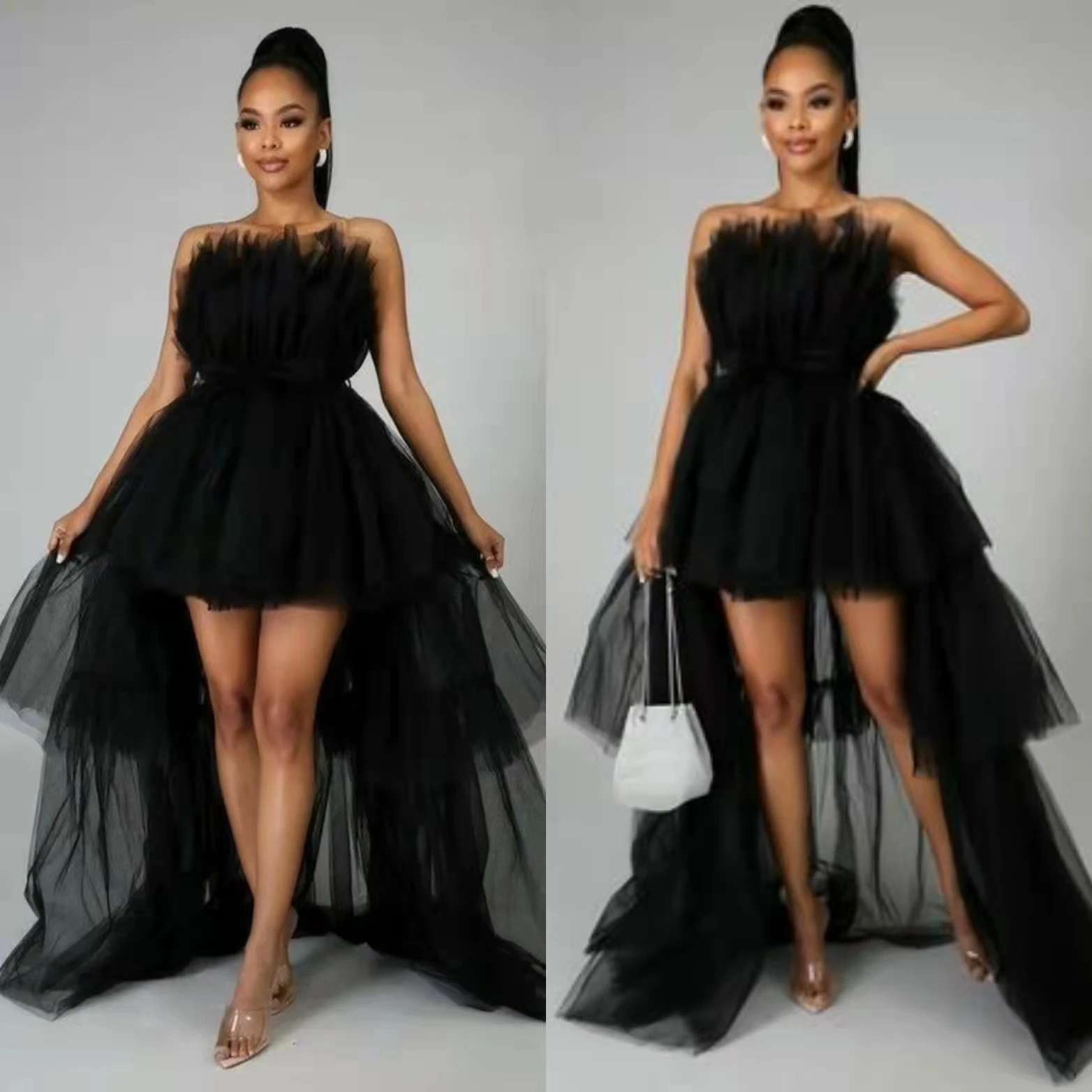 

Женские вечерние платья в стиле ретро, асимметричные черные тюлевые платья на молнии сзади с асимметричным подолом