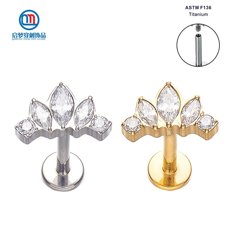 

ASTM F136 Titanium Internally Threaded 24K Gold/Silver Plated Prong Setting Marquise Shaped Labret Lip Stud Piercing Jewelry