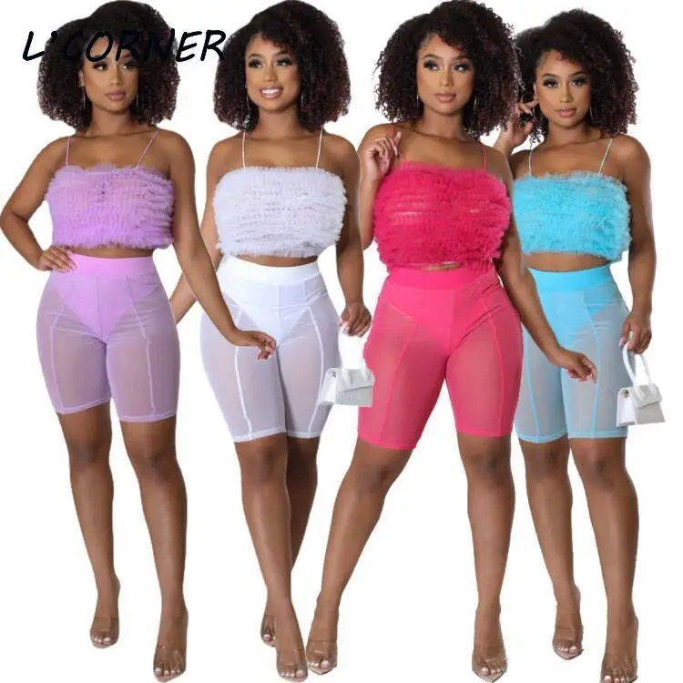 

Женский сетчатый комплект из двух предметов, соблазнительный клубный летний костюм, короткий топ на бретелях-спагетти, шорты с трусиками, к...