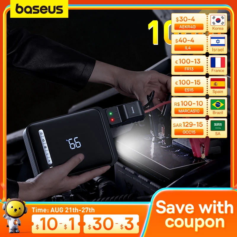 Baseus Car Jump Starter 1000A 3 in 1 Portable Emergency Starter Power Bank 12V Booster Starting Inflator Pump Car Air Compressor