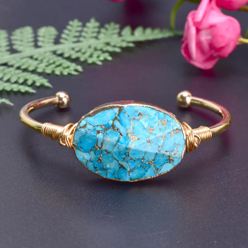 

Handmade Natural Turquoise Wire Wrapped Cuff Bangle Copper Plating Gold Silver Color Women Boho Bracelet Jewelry Gift Wholesale