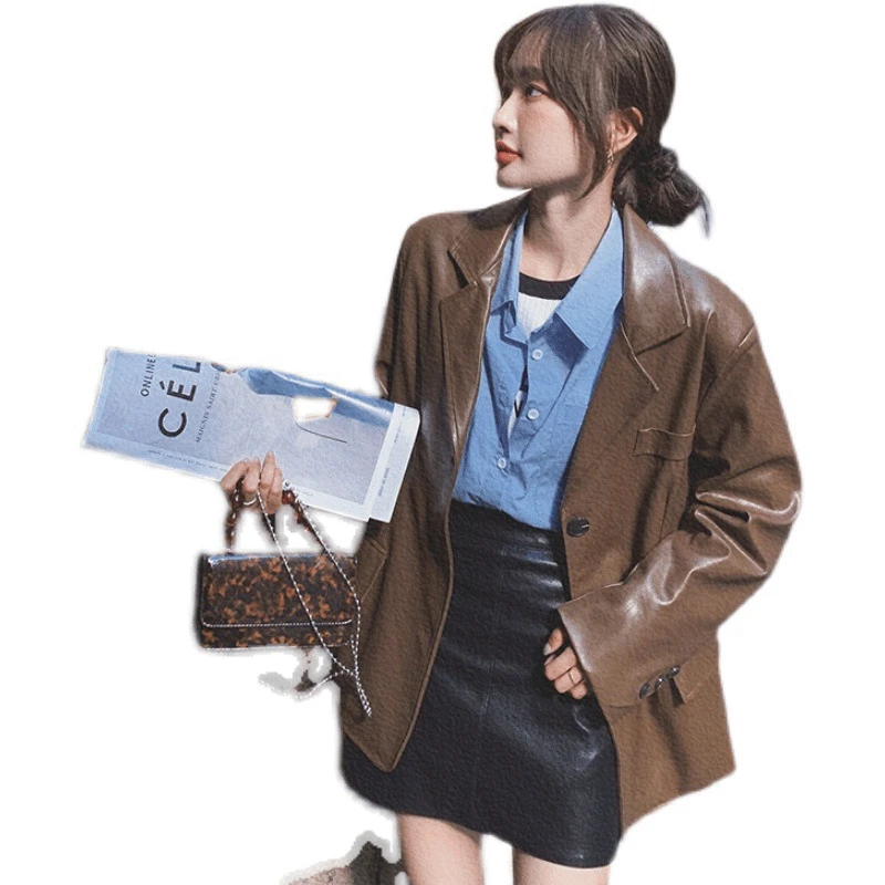 2022 Chaqueta Cuero Moto Mujer Loose Leather Jacket Women's Spring 2022 New Hong Kong Style Chic High-End Pu Leather Suit