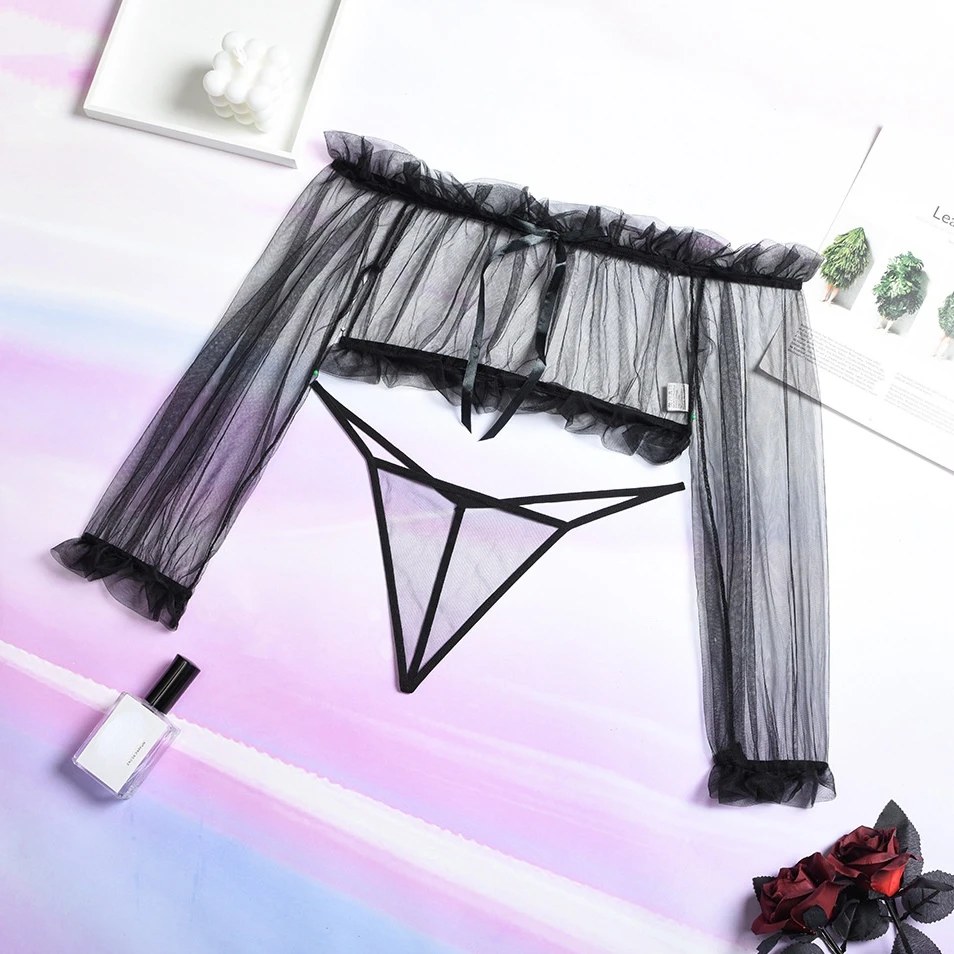 

Новинка 2022, Эротическая прозрачная Сетчатая футболка с воротником-лодочкой, комплект из двух предметов, женское Прозрачное нижнее белье дл...