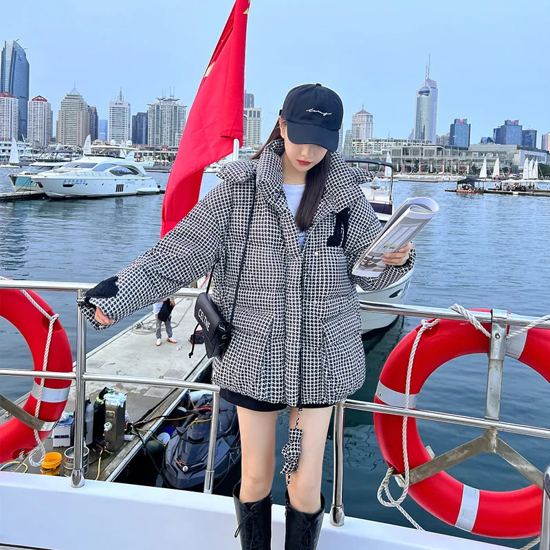 2022 New Houndstooth Disposable Cotton Clothing Cotton Coat Female Loose Thick Hoodie Padded Coat Tide