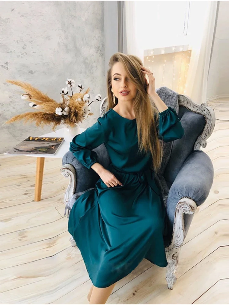 

Женское винтажное атласное платье-трапеция с поясом, однотонное Элегантное повседневное праздничное платье с рукавами-фонариками и круглы...