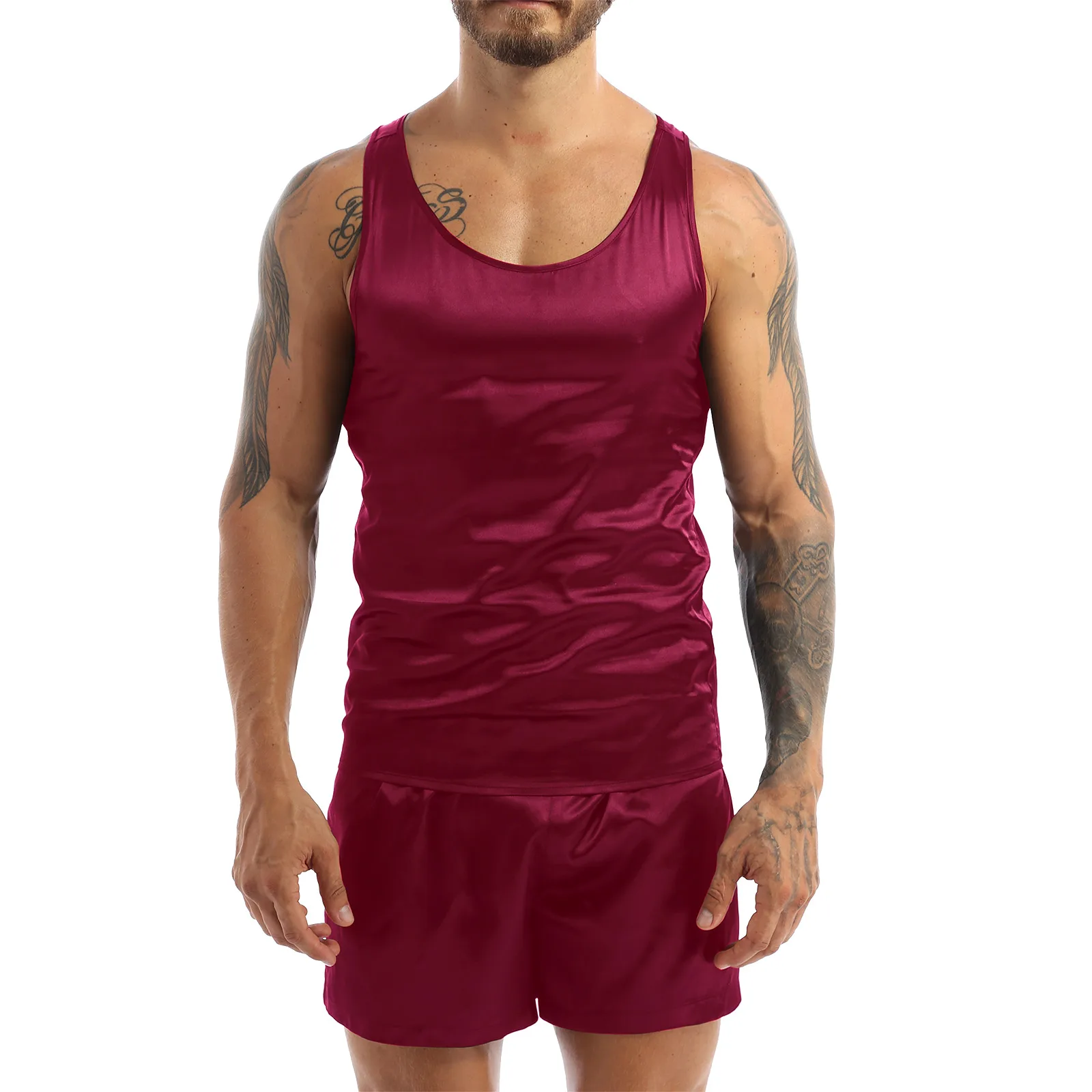 

Nightwear Top Male Wear Sleeveless Sleepwear Loungewear Nightgown Shorts Mens Satin Daily Tank Pajamas Summer Nightclothes