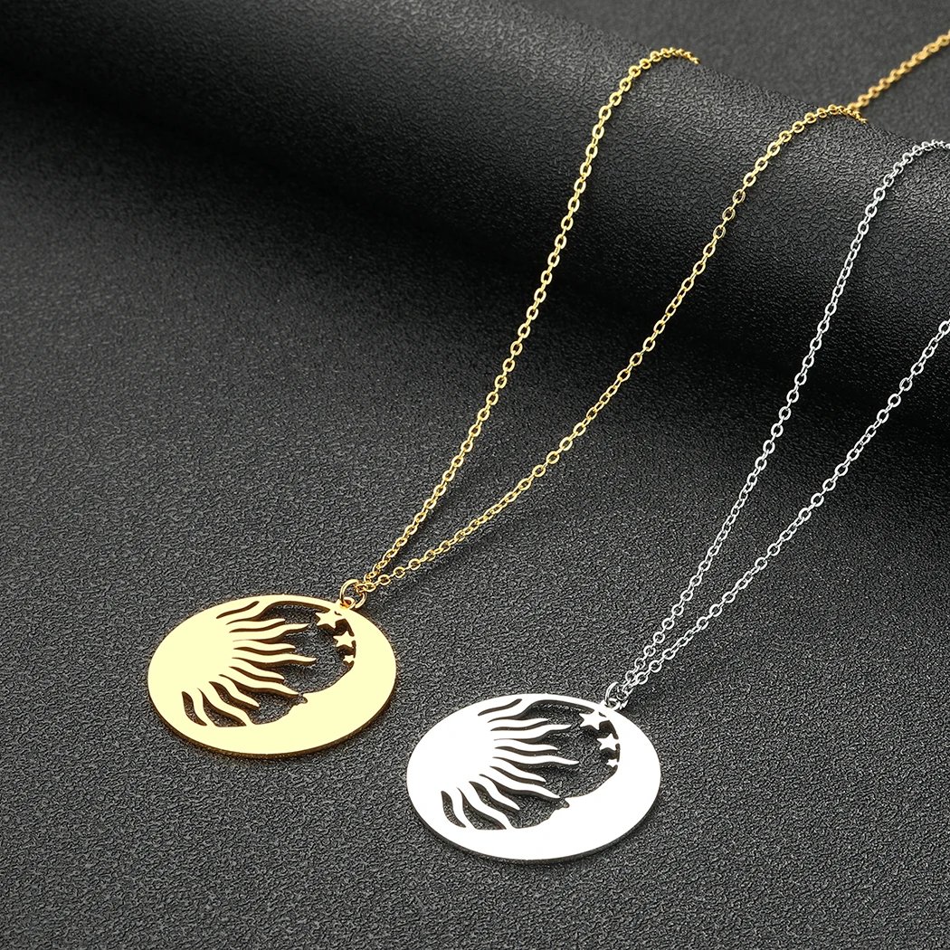 

Stainless Steel Hollow Out Sun Moon Stars Charm Gold Plated Pendant Necklace