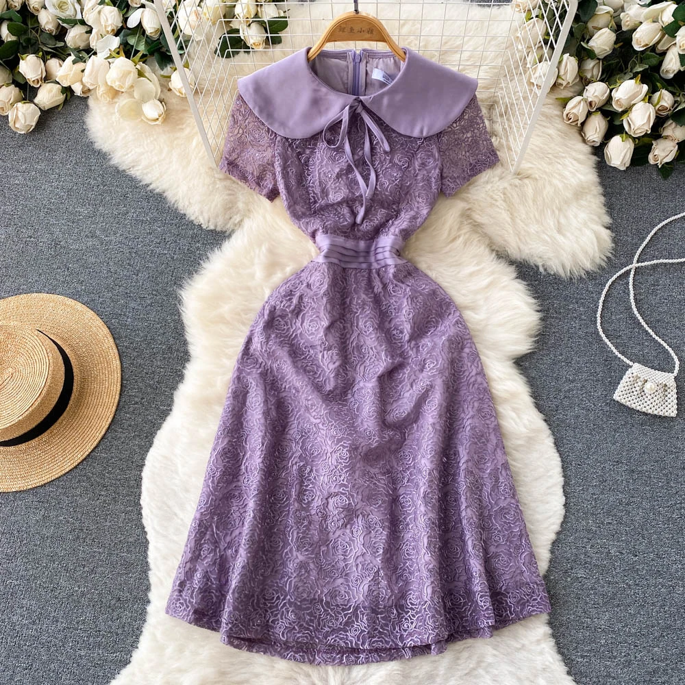 

Платье женское ТРАПЕЦИЕВИДНОЕ с коротким рукавом, элегантная кружевная вышивка, с воротником-стойкой, во французском стиле, F453, на лето