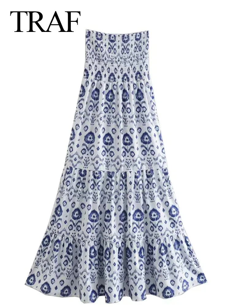 

TRAF New Fashion Print Long Skirt Elegant Trendy Elastic Waist Beach Resort Swing Skirt Ladies Summer Chic Vintage Clothing